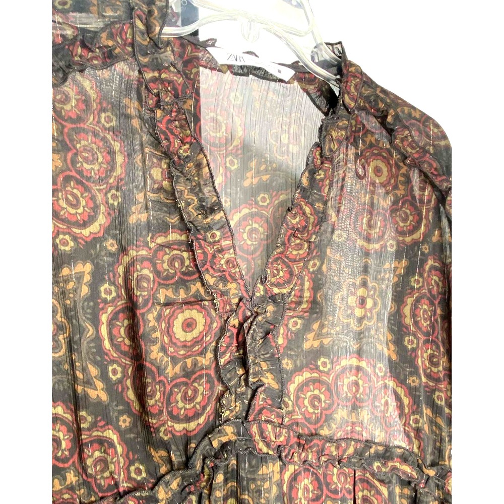 Zara women's Sheer Chiffon‎ Floral Long Sleeve Dress Size Small blouson bohemian - Picture 4 of 9